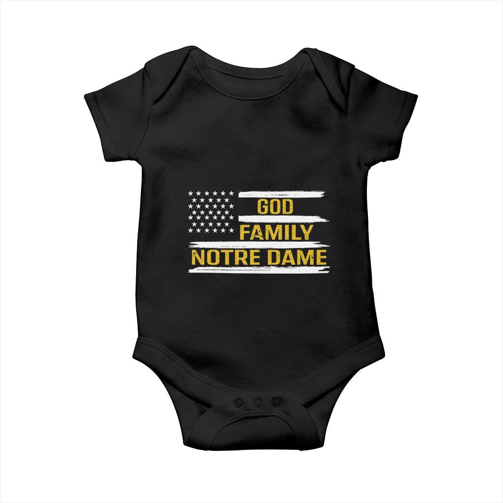 God Family Notre Dame Baby Onesie Indiana Fighting Irish Patriotic American Flag TS02 Black Print Your Wear