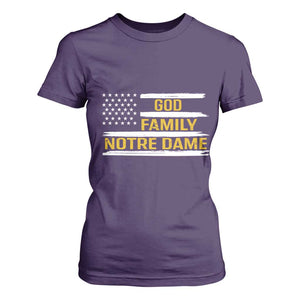 God Family Notre Dame T Shirt For Women Indiana Fighting Irish Patriotic American Flag TS02 Purple Print Your Wear