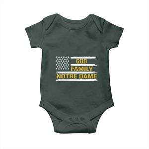 God Family Notre Dame Baby Onesie Indiana Fighting Irish Shamrock American Flag TS02 Dark Forest Green Print Your Wear