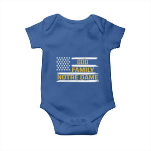 God Family Notre Dame Baby Onesie Indiana Fighting Irish Shamrock American Flag TS02 Royal Blue Print Your Wear