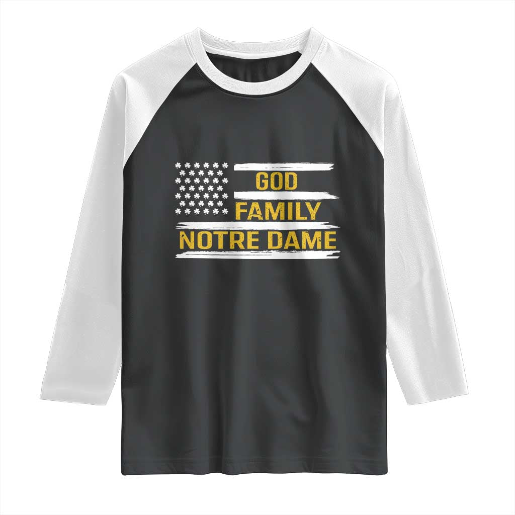 God Family Notre Dame Raglan Shirt Indiana Fighting Irish Shamrock American Flag TS02 Black White Print Your Wear