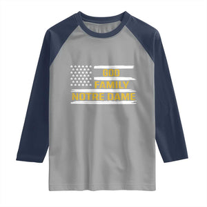 God Family Notre Dame Raglan Shirt Indiana Fighting Irish Shamrock American Flag TS02 Sport Gray Navy Print Your Wear