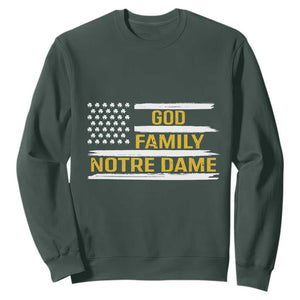 God Family Notre Dame Sweatshirt Indiana Fighting Irish Shamrock American Flag TS02 Dark Forest Green Print Your Wear