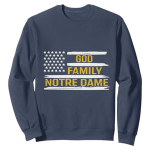 God Family Notre Dame Sweatshirt Indiana Fighting Irish Shamrock American Flag TS02 Navy Print Your Wear