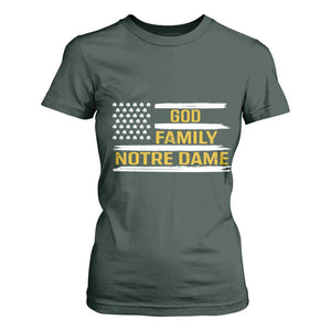 God Family Notre Dame T Shirt For Women Indiana Fighting Irish Shamrock American Flag TS02 Dark Forest Green Print Your Wear