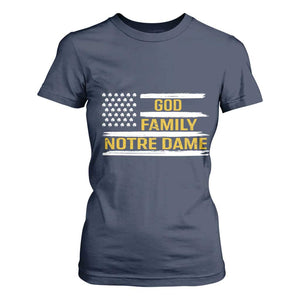 God Family Notre Dame T Shirt For Women Indiana Fighting Irish Shamrock American Flag TS02 Navy Print Your Wear