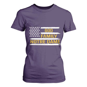 God Family Notre Dame T Shirt For Women Indiana Fighting Irish Shamrock American Flag TS02 Purple Print Your Wear