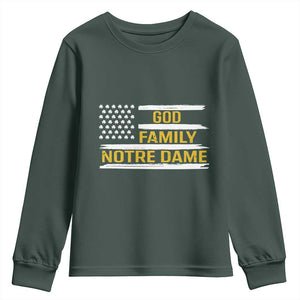 God Family Notre Dame Youth Sweatshirt Indiana Fighting Irish Shamrock American Flag TS02 Dark Forest Green Print Your Wear