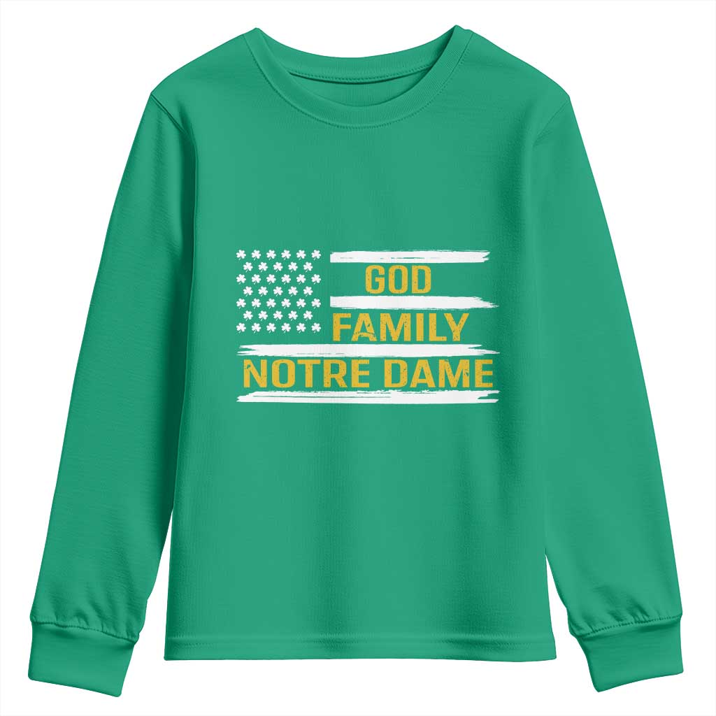 God Family Notre Dame Youth Sweatshirt Indiana Fighting Irish Shamrock American Flag TS02 Irish Green Print Your Wear