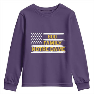 God Family Notre Dame Youth Sweatshirt Indiana Fighting Irish Shamrock American Flag TS02 Purple Print Your Wear