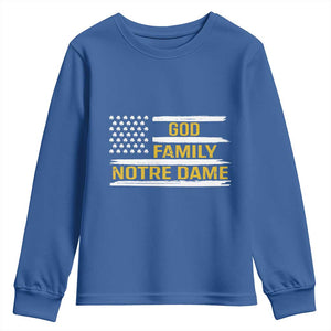 God Family Notre Dame Youth Sweatshirt Indiana Fighting Irish Shamrock American Flag TS02 Royal Blue Print Your Wear