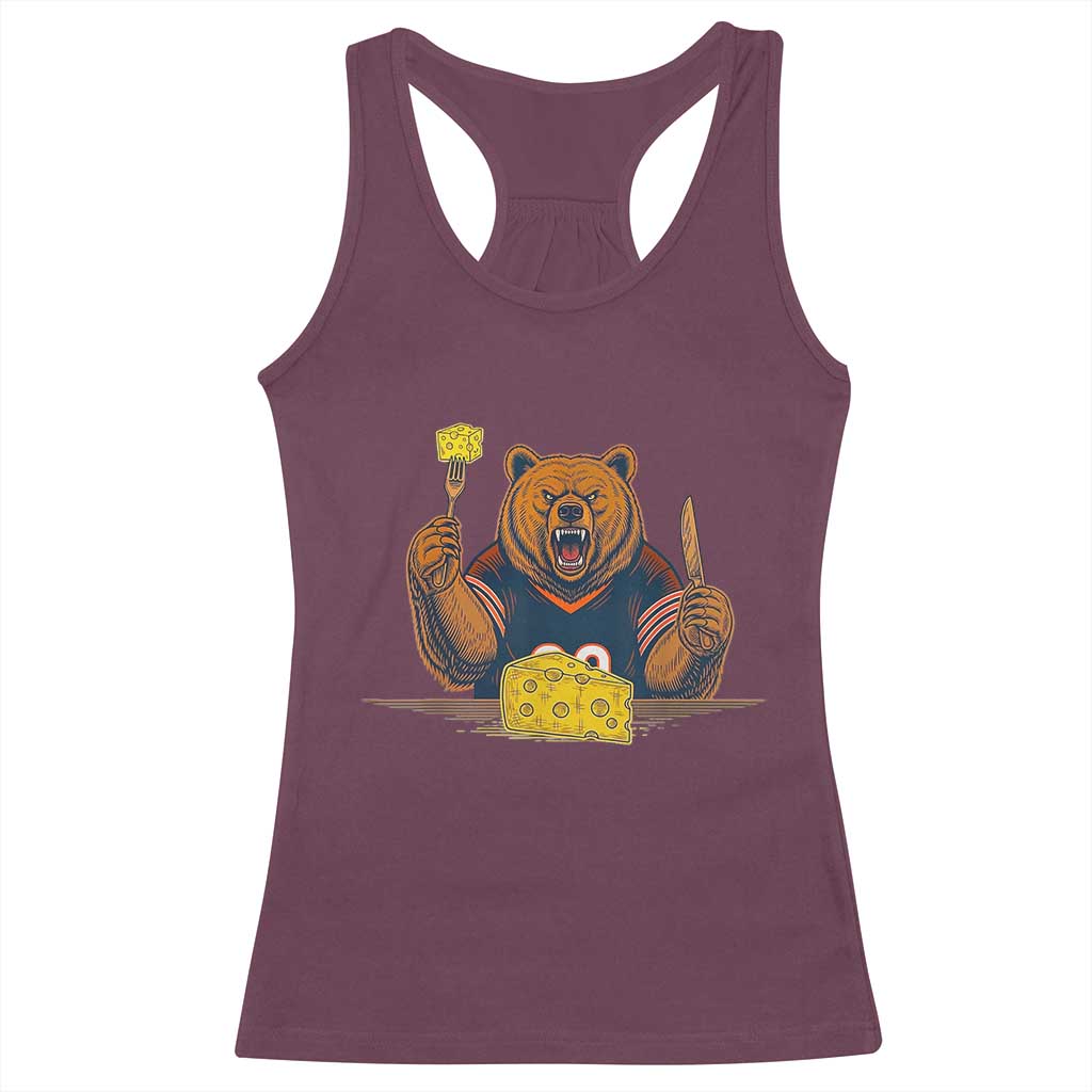 Fierce Bear Eating Cheese Racerback Tank Top Let's Eat Cheese Funny Sports Rivalry TS02 Maroon Print Your Wear