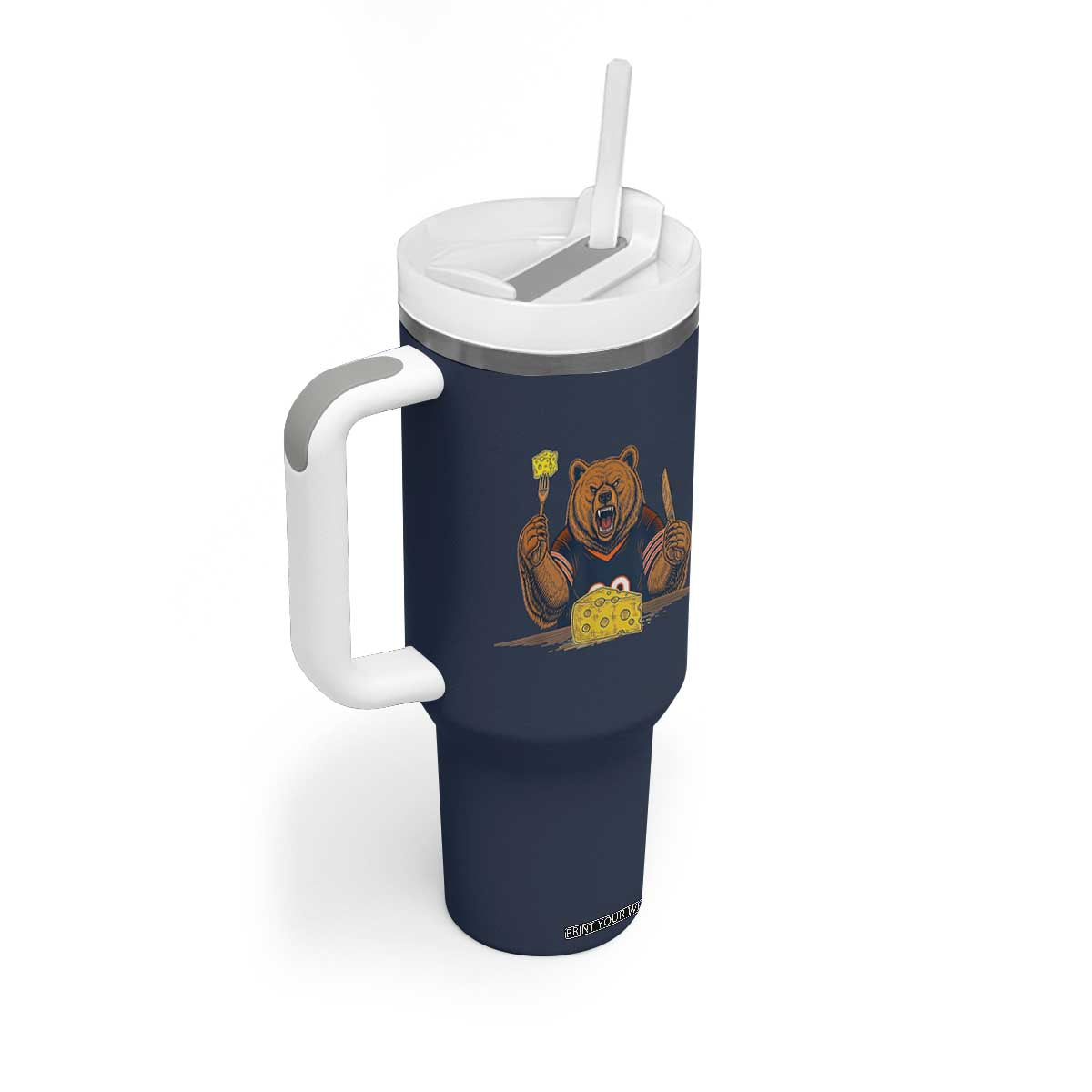 Fierce Bear Eating Cheese Tumbler With Handle Let's Eat Cheese Funny Sports Rivalry TS02 Print Your Wear