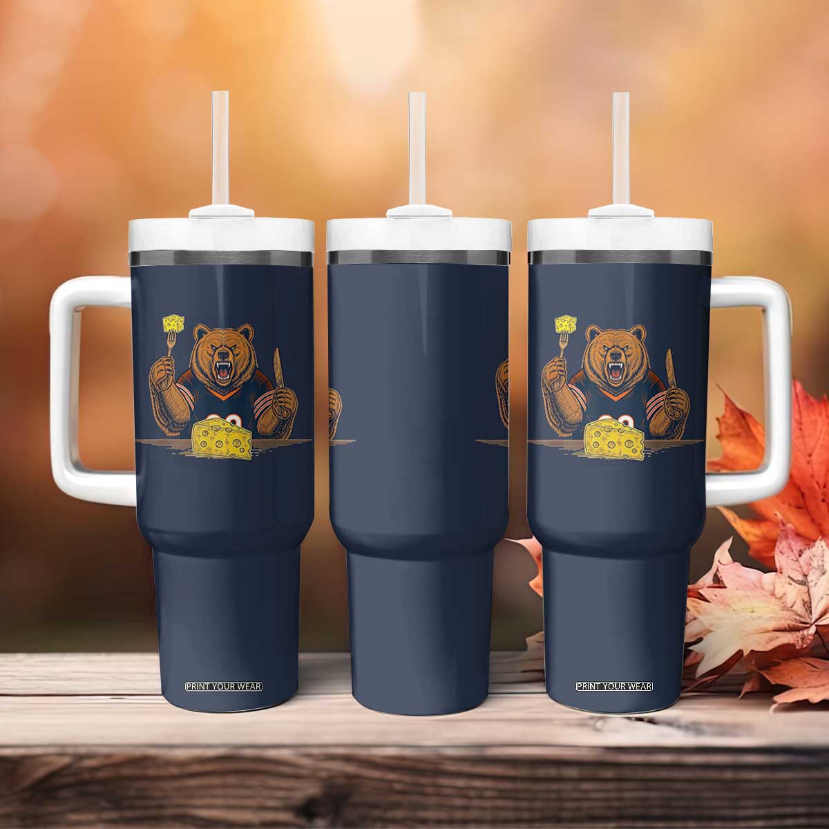 Fierce Bear Eating Cheese Tumbler With Handle Let's Eat Cheese Funny Sports Rivalry TS02 Print Your Wear