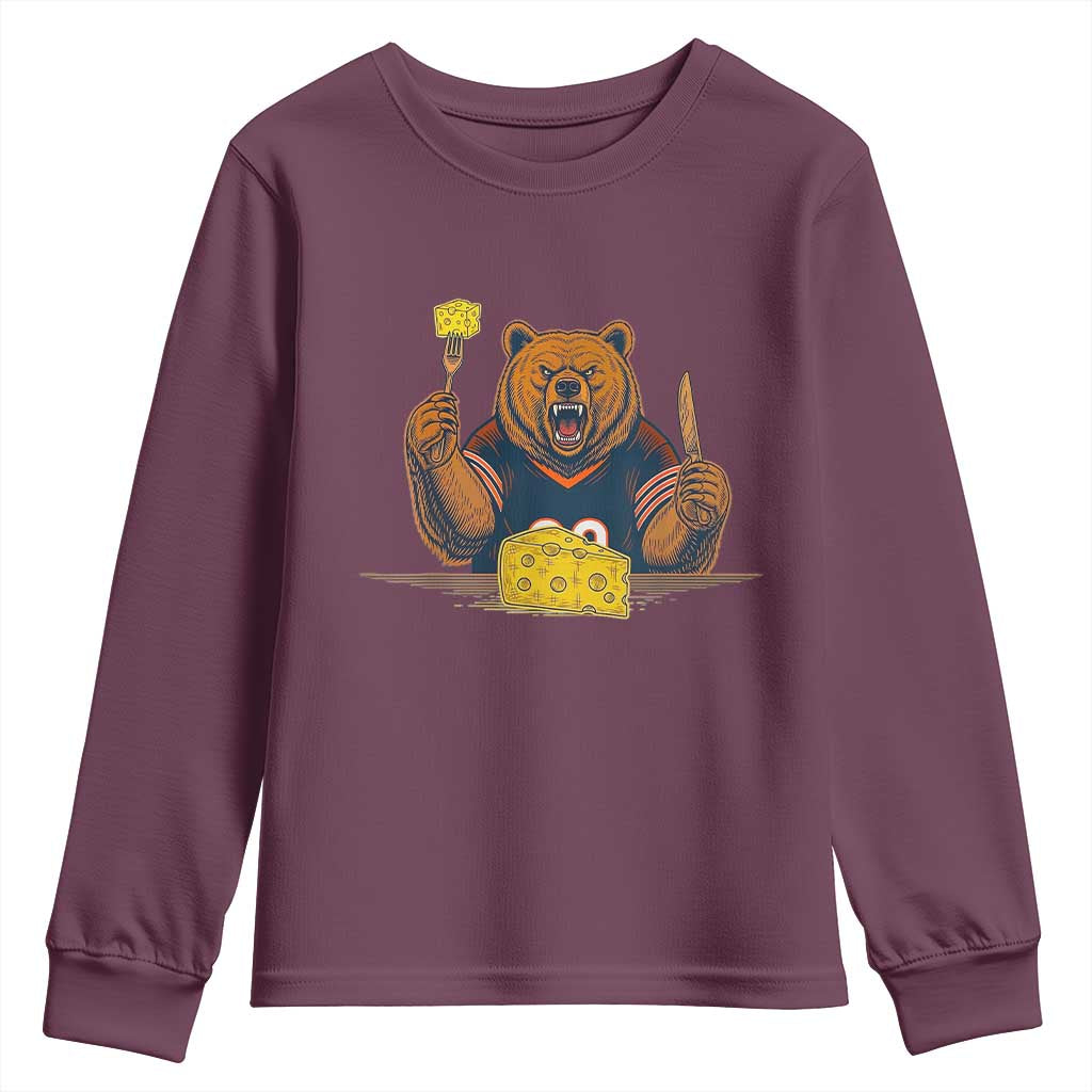 Fierce Bear Eating Cheese Youth Sweatshirt Let's Eat Cheese Funny Sports Rivalry TS02 Maroon Print Your Wear