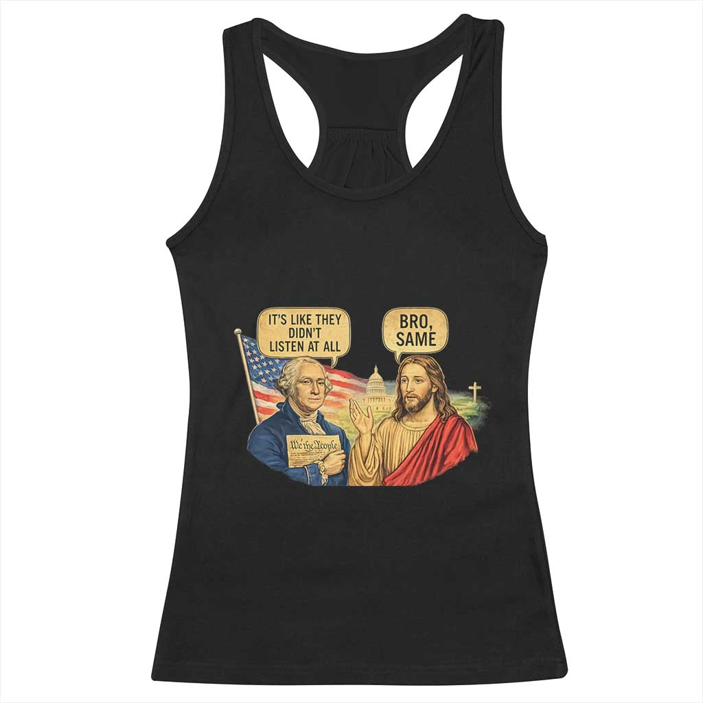 Funny George Washington and Jesus Conversation Racerback Tank Top Patriotic Commentary Historical Icons TS02 Black Print Your Wear