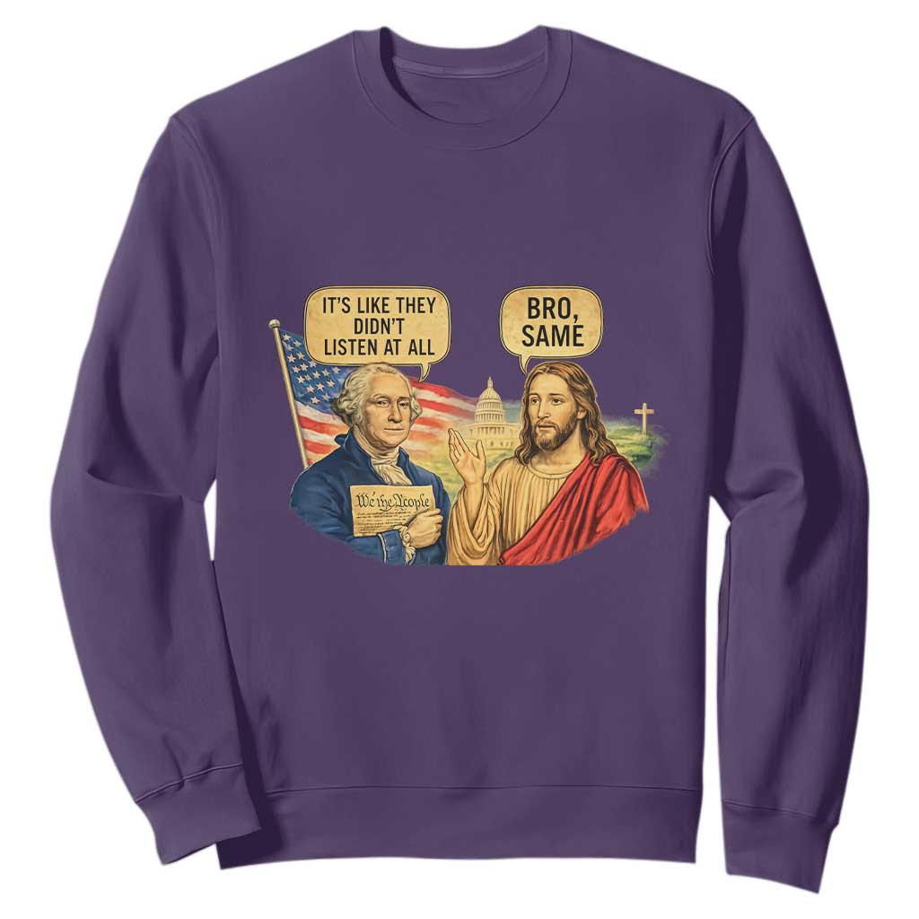 Funny George Washington and Jesus Conversation Sweatshirt Patriotic Commentary Historical Icons TS02 Purple Print Your Wear