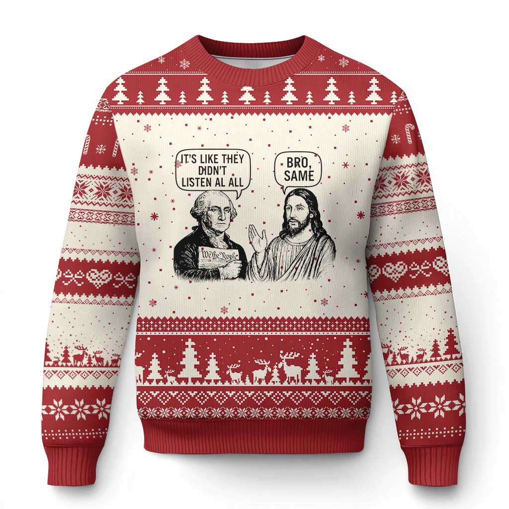 Funny George Washington and Jesus Satire Ugly Christmas Sweater Political Commentary Founding Fathers and Faith TS02 Beige Red Print Your Wear