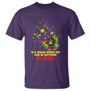 Sunflower Autism Awareness T Shirt In A World Where You Can Be Anything Be Kind Puzzle TS02 Purple Printyourwear