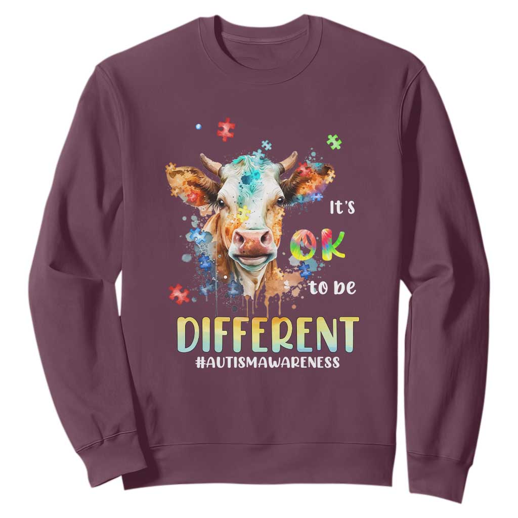Cow Autism Awareness Sweatshirt Acceptance It's Ok To Be Different Puzzle Piece TS02 Maroon Printyourwear