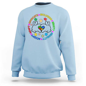 Autism Acceptance Sweatshirt Accept Adapt Advocate Inclusion Equity Equality TS02 Light Blue Printyourwear