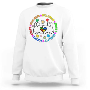 Autism Acceptance Sweatshirt Accept Adapt Advocate Inclusion Equity Equality TS02 White Printyourwear