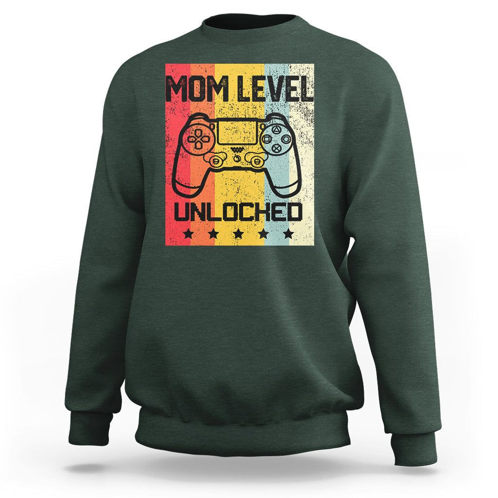 Funny New Mom Sweatshirt Level Unlocked Retro Video Game Controller TS02 Dark Forest Green Printyourwear