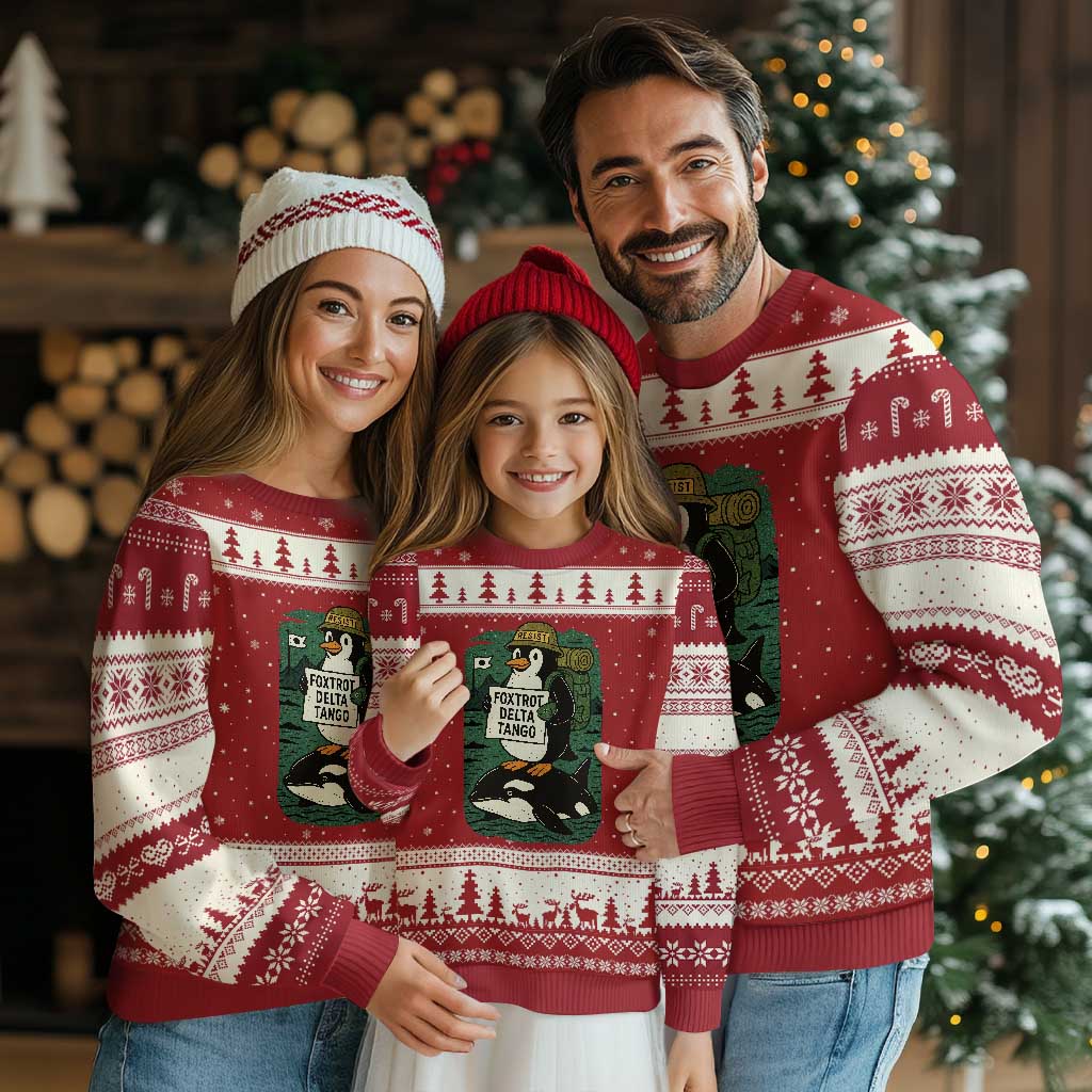 Funny Penguin Resist Ugly Christmas Sweater No Tarriffs Activism Graphic TS02 Red Beige Print Your Wear