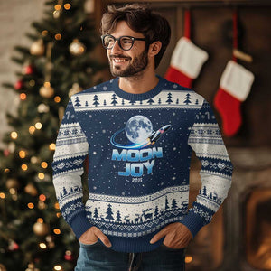 Celestial Moon Joy 2026 Ugly Christmas Sweater Rocket Launch '26 Lunar Mission Celebration TS02 Navy Beige Print Your Wear