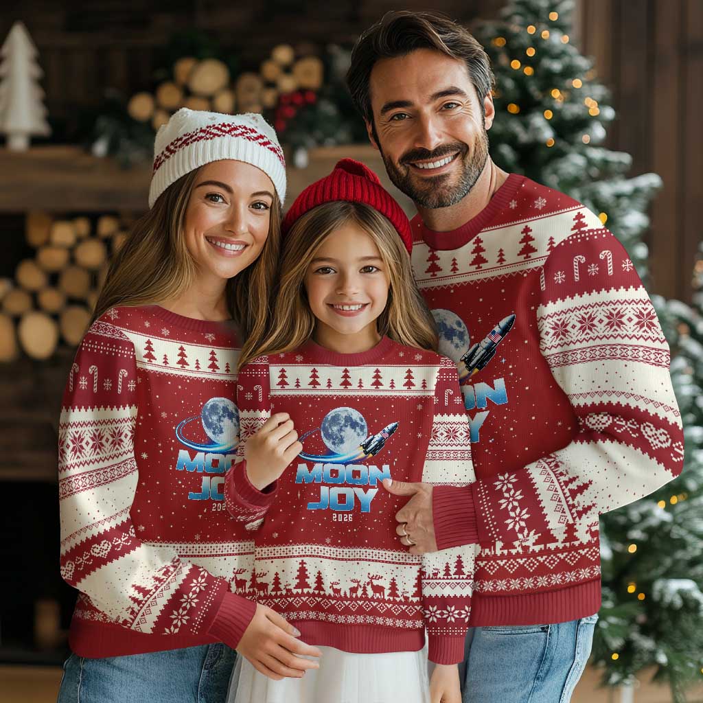 Celestial Moon Joy 2026 Ugly Christmas Sweater Rocket Launch '26 Lunar Mission Celebration TS02 Red Beige Print Your Wear