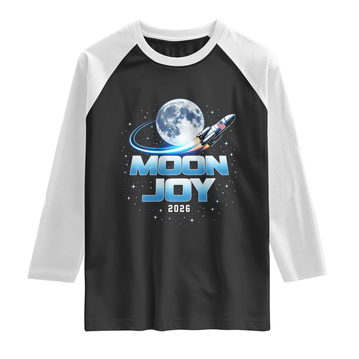 Celestial Moon Joy 2026 Raglan Shirt Rocket Launch '26 Lunar Mission Celebration TS02 Black White Print Your Wear