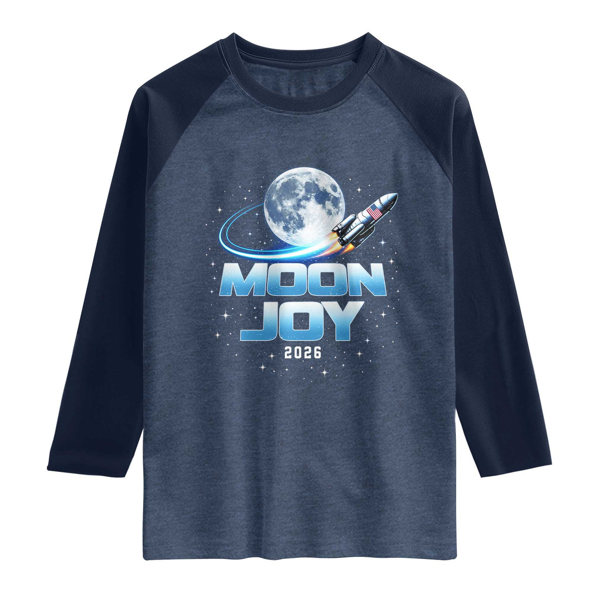 Celestial Moon Joy 2026 Raglan Shirt Rocket Launch '26 Lunar Mission Celebration TS02 Heather Denim Navy Print Your Wear