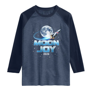 Celestial Moon Joy 2026 Raglan Shirt Rocket Launch '26 Lunar Mission Celebration TS02 Heather Denim Navy Print Your Wear