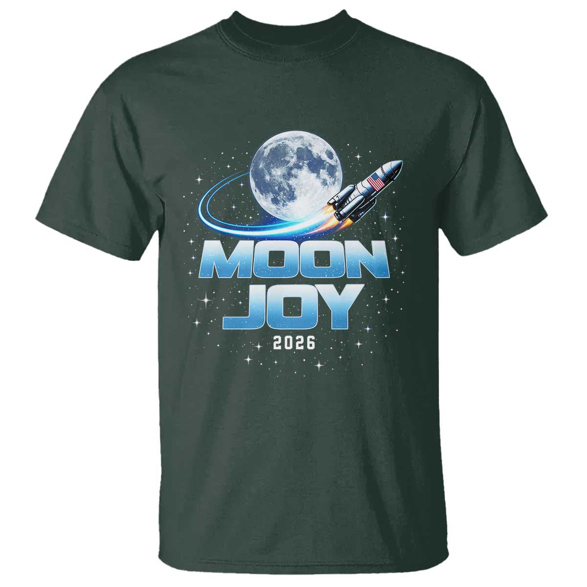 Celestial Moon Joy 2026 T Shirt Rocket Launch '26 Lunar Mission Celebration TS02 Dark Forest Green Print Your Wear