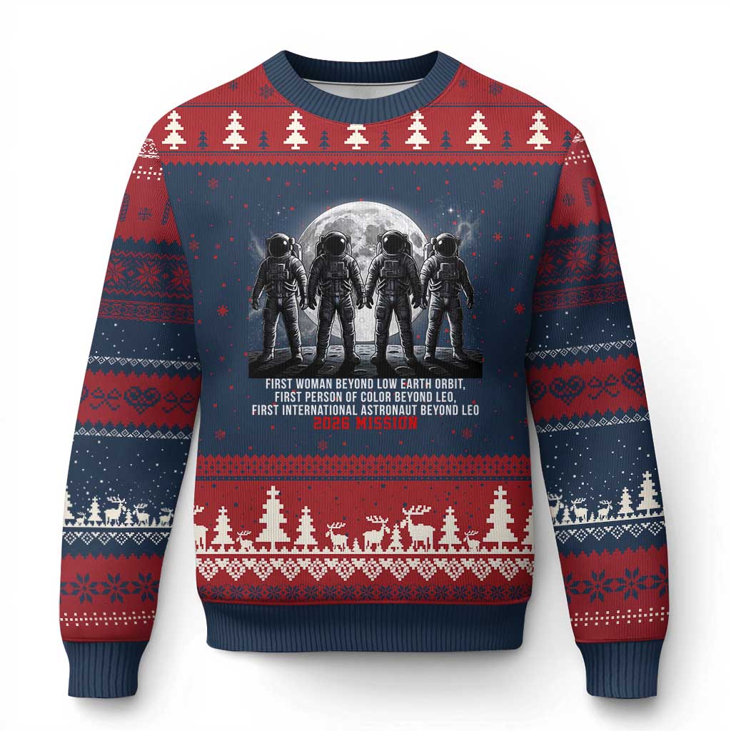 Historic 2026 Lunar Mission Crew Celebration Ugly Christmas Sweater Proud To Be Beyond Low Earth Orbit TS02 Navy Red Print Your Wear