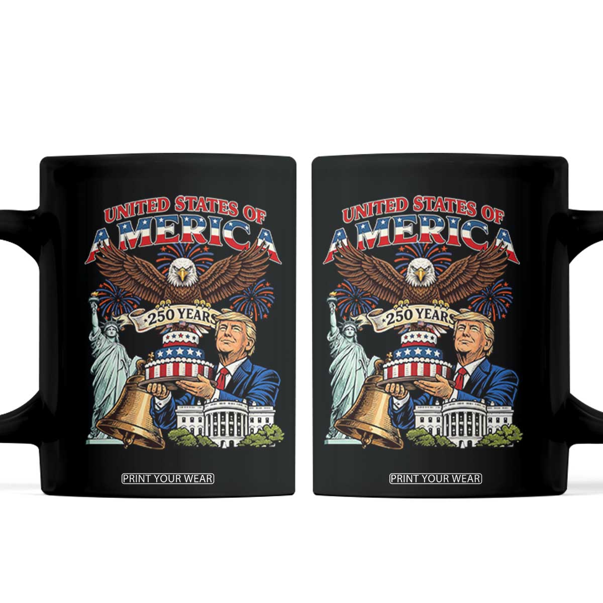USA 250 Year Birthday Patriotic Celebration Coffee Mug Trump Eagle and Liberty Bday Cake TS02 Black Print Your Wear