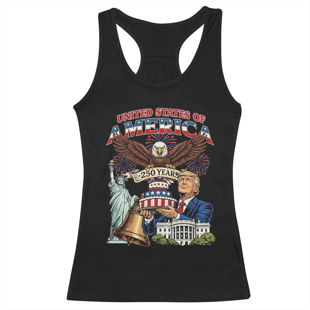 USA 250 Year Birthday Patriotic Celebration Racerback Tank Top Trump Eagle and Liberty Bday Cake TS02 Black Print Your Wear
