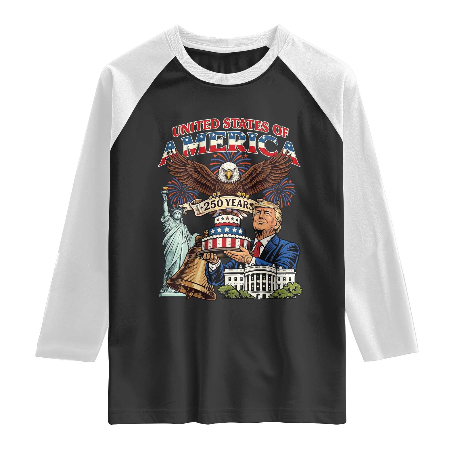 USA 250 Year Birthday Patriotic Celebration Raglan Shirt Trump Eagle and Liberty Bday Cake TS02 Black White Print Your Wear