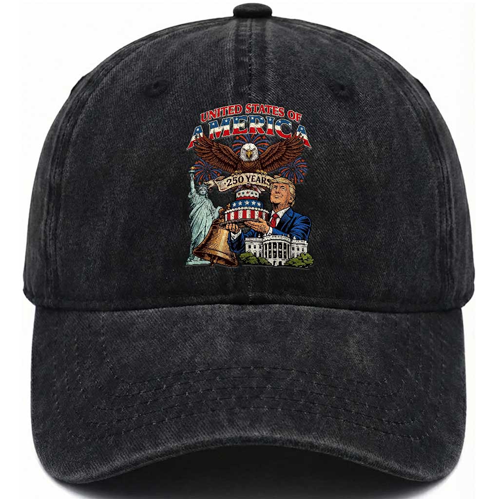 USA 250 Year Birthday Patriotic Celebration Washed Cotton Baseball Cap Trump Eagle and Liberty Bday Cake TS02 Print Your Wear