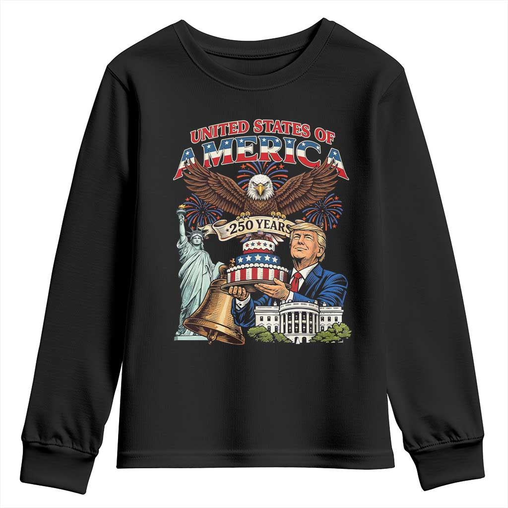 USA 250 Year Birthday Patriotic Celebration Youth Sweatshirt Trump Eagle and Liberty Bday Cake TS02 Black Print Your Wear