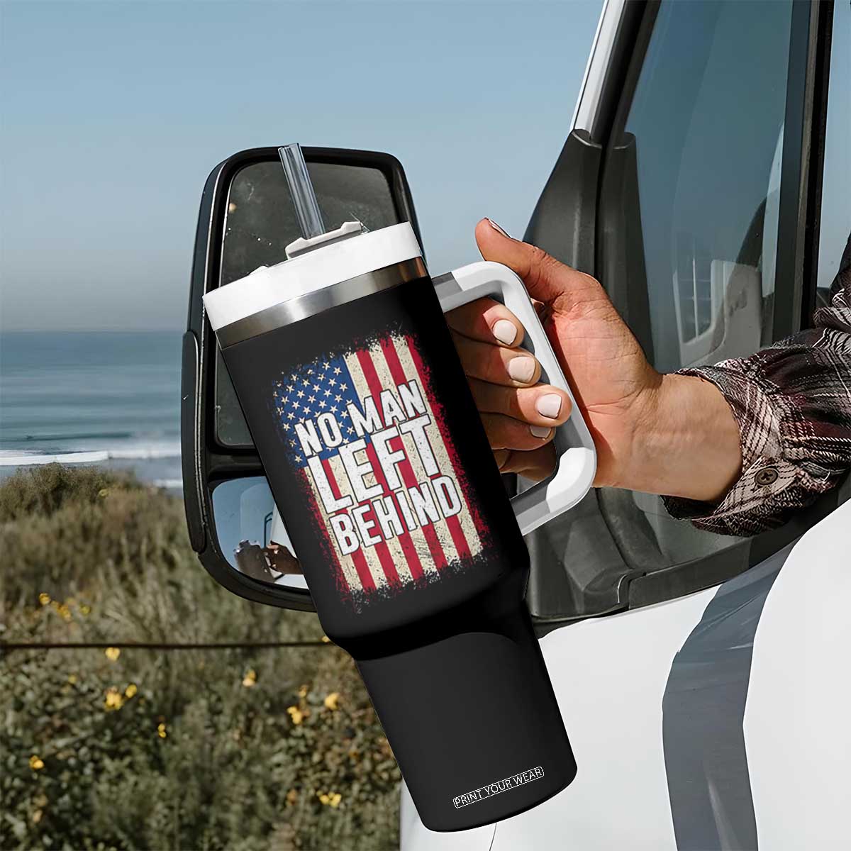 No Man Left Behind Patriotic Tumbler With Handle Distressed American Flag TS02 Print Your Wear