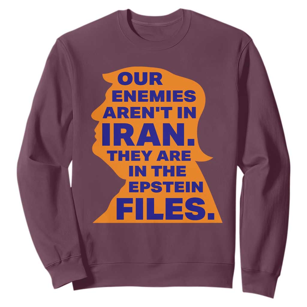 Our Enemies Aren't In Iran Sweatshirt Epstein Files Silhouette Political Satire TS02 Maroon Print Your Wear