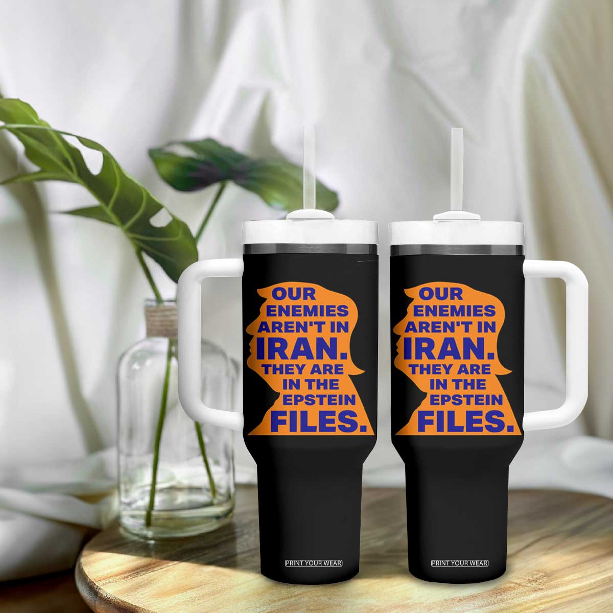 Our Enemies Aren't In Iran Tumbler With Handle Epstein Files Silhouette Political Satire TS02 Print Your Wear