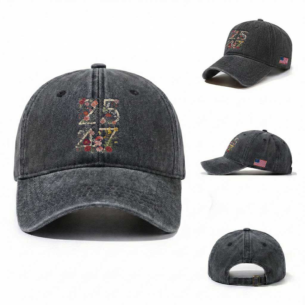 2547 Wildflower Floral Graphic Washed Cotton Baseball Cap Subtle Coded 25th Amendment Political Satire Aesthetic TS02 Washed Cap Universal Fit Dark Gray Print Your Wear