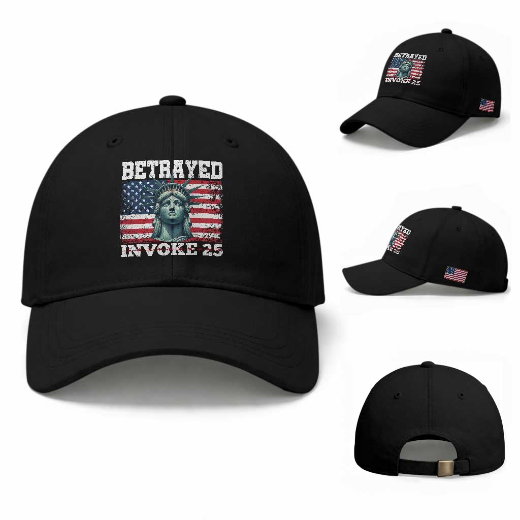 Betrayed Invoke 25 Statue of Liberty Crying Baseball Cap 25th Amendment Distressed Flag Political Satire Graphic TS02 Baseball Cap Universal Fit Black Print Your Wear