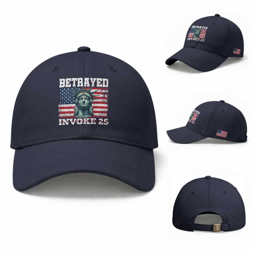 Betrayed Invoke 25 Statue of Liberty Crying Baseball Cap 25th Amendment Distressed Flag Political Satire Graphic TS02 Baseball Cap Universal Fit Navy Print Your Wear