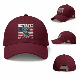 Betrayed Invoke 25 Statue of Liberty Crying Baseball Cap 25th Amendment Distressed Flag Political Satire Graphic TS02 Baseball Cap Universal Fit Maroon Print Your Wear