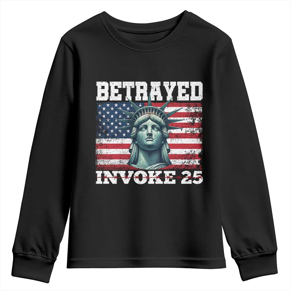 Betrayed Invoke 25 Statue of Liberty Crying Youth Sweatshirt 25th Amendment Distressed Flag Political Satire Graphic TS02 Black Print Your Wear