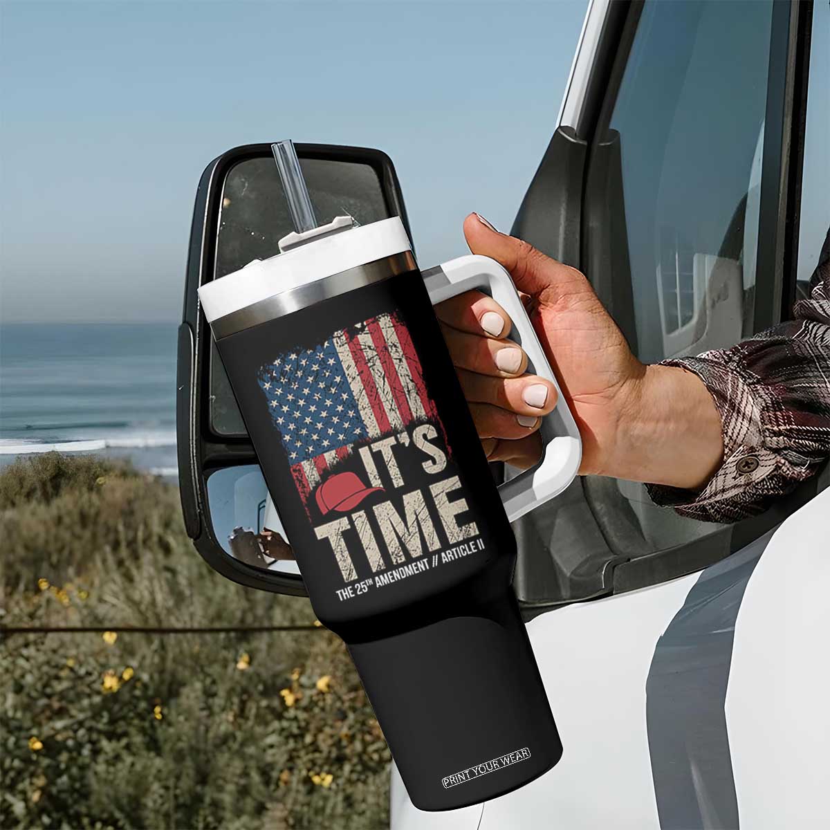 It's Time The 25th Amendment Tumbler With Handle Article II Red Hat Distressed American Flag Graphic TS02 Print Your Wear