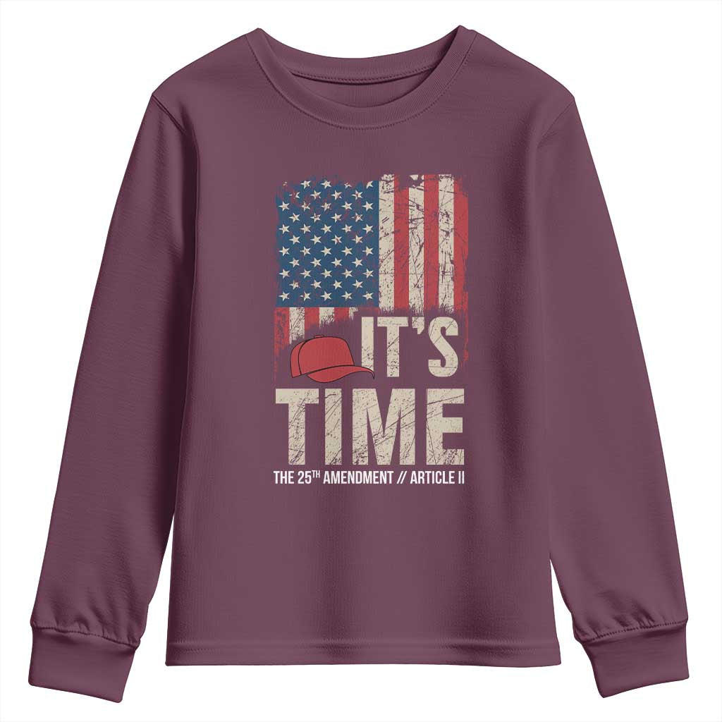 It's Time The 25th Amendment Youth Sweatshirt Article II Red Hat Distressed American Flag Graphic TS02 Maroon Print Your Wear